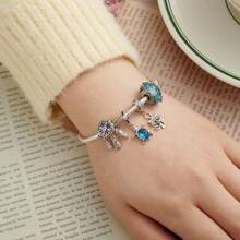 1pc Silver-Plated Transparent Blue Sea Turtle & Starfish Pendant, Cute Beaded Girl's Jewelry Accessory, Suitable For DIY Bracelet/Necklace Pendant, Elegant Jewelry Making Gift For Girls - Blue - View 3