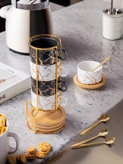 4 Stücke/Set Keramik Marmor Kaffeetassen Set mit goldenem Ständer, inklusive 4 Tassen, 4 Untertassen, 4 Löffel, erhältlich in Türkis Blumen Design, 180ml Cappuccino/Latte Tassen mit Marmorstruktur in Schwarz oder Weiß, Espressotassen mit Henkel
