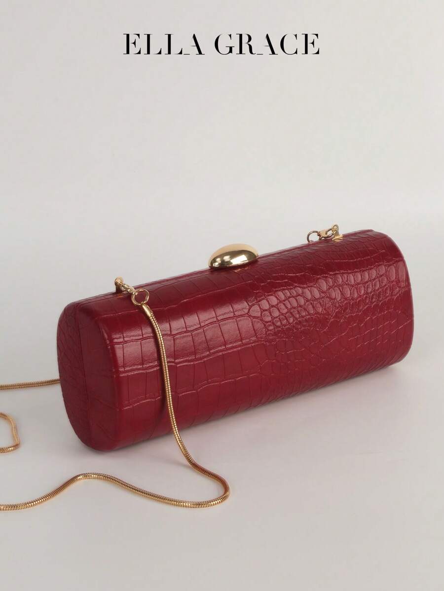 Elongated Box Bag In Burgundy With Faux Leather Embossed Pattern Exterior, Contrasting Chain Strap, Interior Lining And Metal Button Closure - Stylish And Functional For Parties, Weddings, Valentine's Day, Year-End Parties And Other Special Occasions