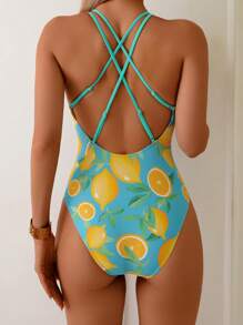 Summer New Women One Piece Swimsuit With Lemon Print, Fashionable Streamlined Backless Criss-Cross Design, Suitable For Swimming, Training, Beach, And Holiday - Lemon - View 1