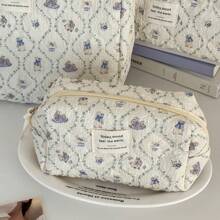 Lace Purple Rabbit Design Makeup Bag, Soft Fabric Zipper Closure Cartoon Cute Vintage Large Capacity Toiletry Bag, Suitable For Home, Travel, Daily Use Travel Essentials Travel Accessories Travel Must Haves