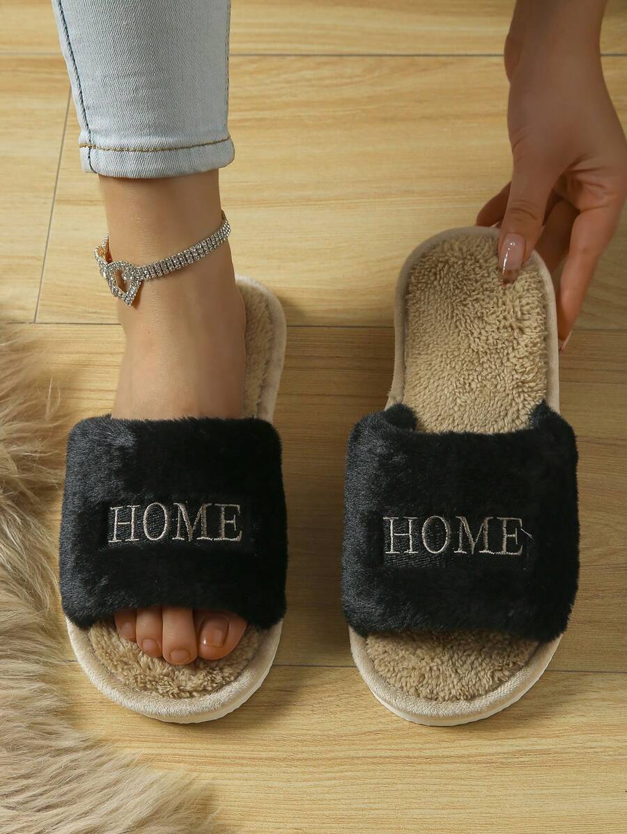 Plus Size Women's Fashion Embroidered Letter Open Toe Fuzzy Slippers, Flat Lightweight Quiet Open Toe Slides, All Season Insulation, Galentines, Puppy, Carnival, Party Decorations, Shoe, Spring Summer Picks, Brides Maid Gifts, Room, Bedroom Decor, Bedroom Decor, Beach, Travel, For Men, For Women, Vacation,Cute Stuff - Multicolor - View 1