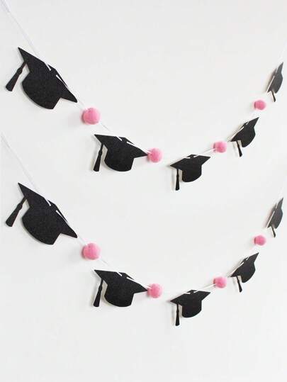 1 st svart glitter examensmössa med söt rosa Pom Pom-dekor, för examensfest-bakgrundsbanner