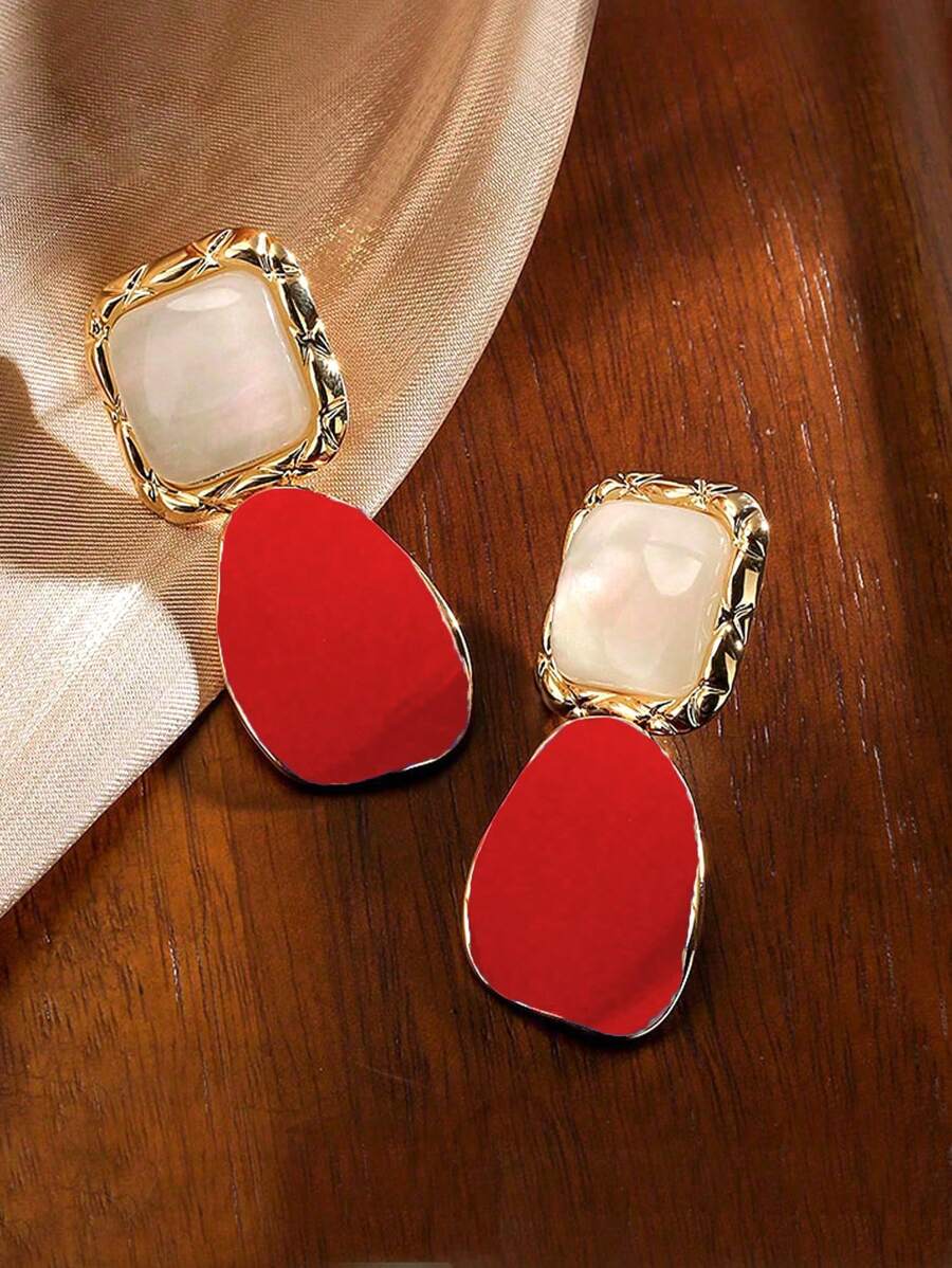 1 Pair Asymmetrical Burgundy Retro Square Earrings, Exquisite & Unique Design - Red - View 1