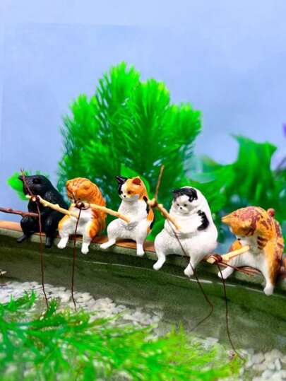 1pc Gato Pescando Em Decoração De Aquário, Ornamento De Gato Pescador Para Aquário, Estatueta De Pesca De Gatinho Decorativa De Mesa