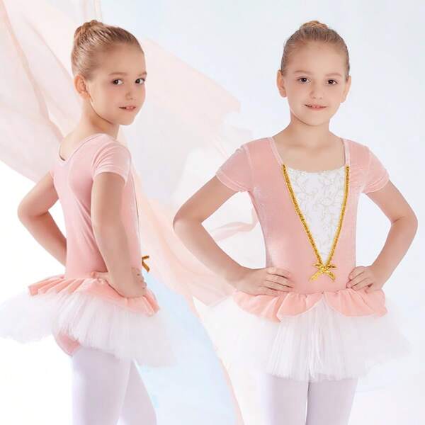 Meninas Ballet Gold-Rimmed Saia de Manga Curta Collant Ballet Saia de Dança Traje de Ballet Vire