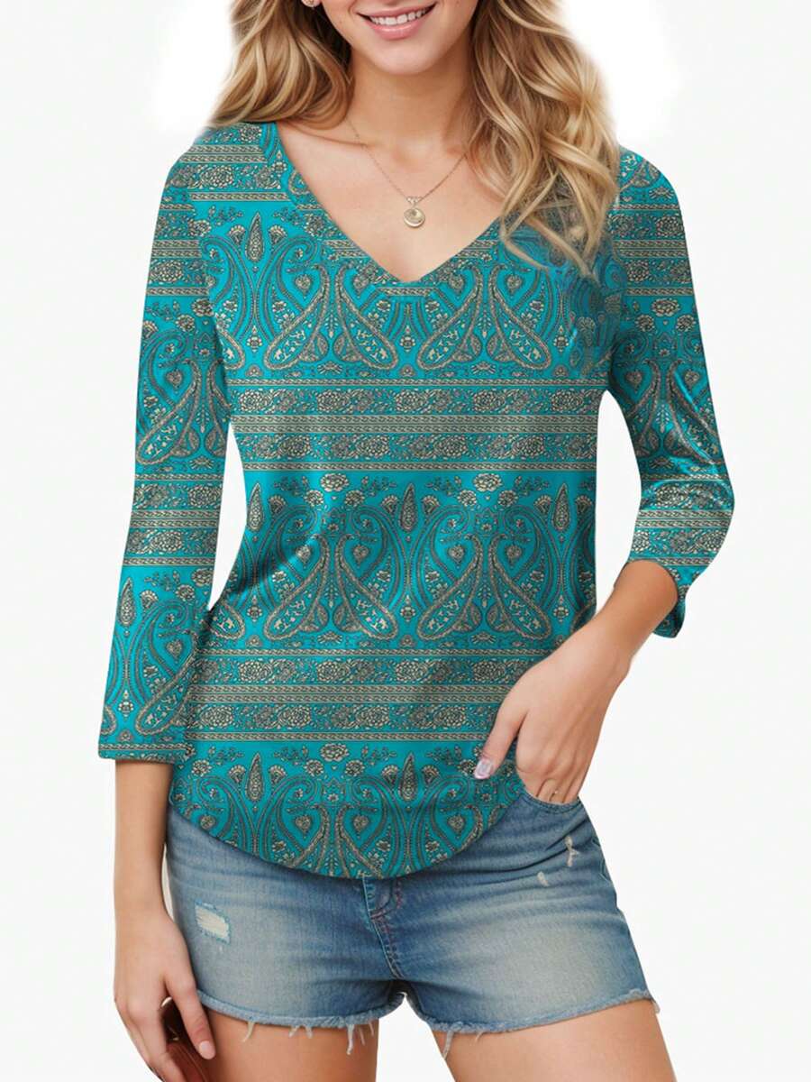 hoteel Women's V Neck T-Shirt 3/4 Sleeve Summer Top, Elegant Casual Solid Color Basic T-Shirt - 青色 - 查看 1