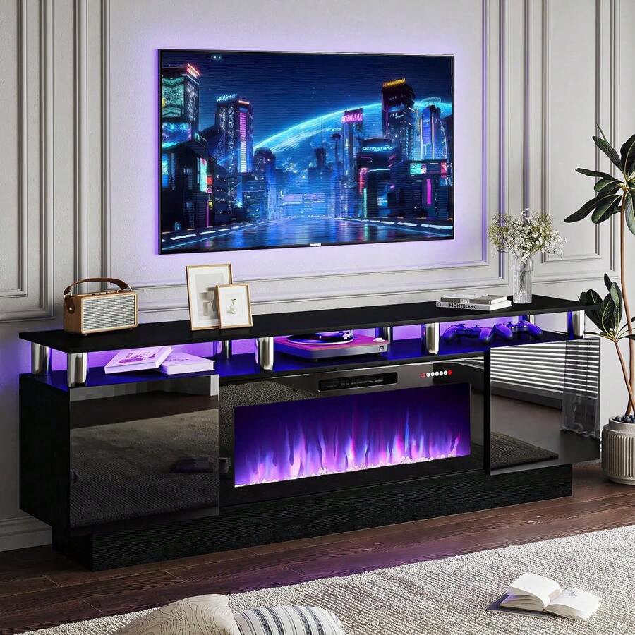 [2 Packages Shipping]70" Modern Electric Fireplace TV Stand With 36" Hearth, Suitable For TVs Up To 80",High-Gloss Black Cabinet, Perfect For Living Room,Thanksgiving,Christmas  Gift
