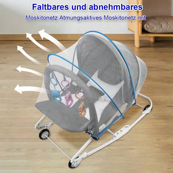 Zusammenklappbare Babywippe mit Tragegriff, Feststehende Position oder Babywippe, mit Spielbogen und Kopfstütze, 4-fach verstellbare Rückenlehne, Kompakt zusammenklappbar, Babywippe mit abnehmbarem Spielbogen und Spielzeugen, 3-Punkt-Gurt, Beruhigende Vibrationen, Platzsparendes Zusammenklappen, Rosa/Grau