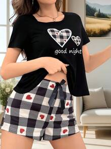 Tricou cu mânecă scurtă de vară pentru femei, cu imprimeu de inimă și litere, pantaloni scurți cu imprimeu în carouri, costum de acasă asortat pentru cupluri