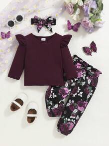 3Pcs Baby Girl Clothes,Solid Color Long Sleeves Ruffle Top+ Floral Pants +Floral Headband