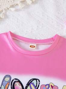 2pcs/Set Young Girls Easter Spring/Summer Outfit - Bunny Print "Peace Love " Letter Tee Shirt + Tie Dye Bunny Leopard Flare Pants, Outdoor Easter Gift - Pink - View 3