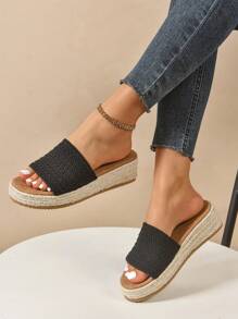 Women Rope Edged Platform Wedge Sandals, Lightweight Sole Comfortable Open Toe Handmade Woven Espadrille Sandals For Summer, Casual Beige - Black - View 3