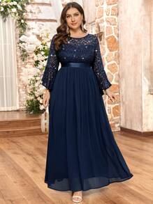 Gaun Panjang Formal Pesta Malam, Gaun Tamu Pernikahan, Gaun Ulang Tahun, Wisuda, Gaun Pesta Malam Formal Elegan dengan Lengan Mengembang Berhiaskan Payet Bunga dan Renda, Bahan Chiffon dengan Hem Berkerut - Navy Blue - View 5