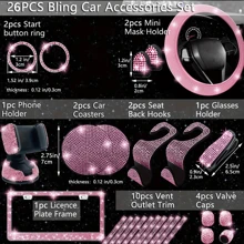 26-Piece Car Interior Diamond-Encrusted Set Steering Wheel Cover Mobile Phone Holder License Plate Frame Car Hook Water Cup Mat One-Button Start Ring Air Outlet Decorative Strip Set