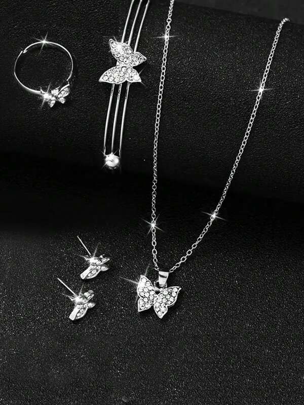5pcs/Set Elegant And Lovely Butterfly Women Jewelry Set Necklace Bracelet Earrings Ring Is The Best Jewelry Set Gift For Fashionable Ladies