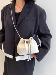 迷你灯芯绒链条水桶包，金属抽绳设计钱包，女士斜挎包祝福包派对包