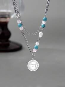 1 件波西米亚风格绿松石和淡水珍珠不锈钢项链，带心形吊坠，适合女性约会和聚会