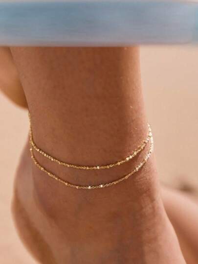 1pc Stainless Steel Double-Layer Anklet, Boho Beach Style Foot Chain, Gift For Women Valentine's Day Accessories