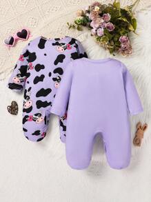 2pcs/Set Cute Cartoon Cow Print Footed Jumpsuit Romper - Purple - View 2