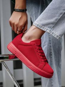 男士经典时尚纯色拼接低帮系带红色厚底滑板鞋，个性化青少年户外舒适运动休闲鞋