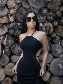 Carolina Barros 女士露背連身毛衣裙,後綁帶腰帶設計 - 黑色 - 查看 2