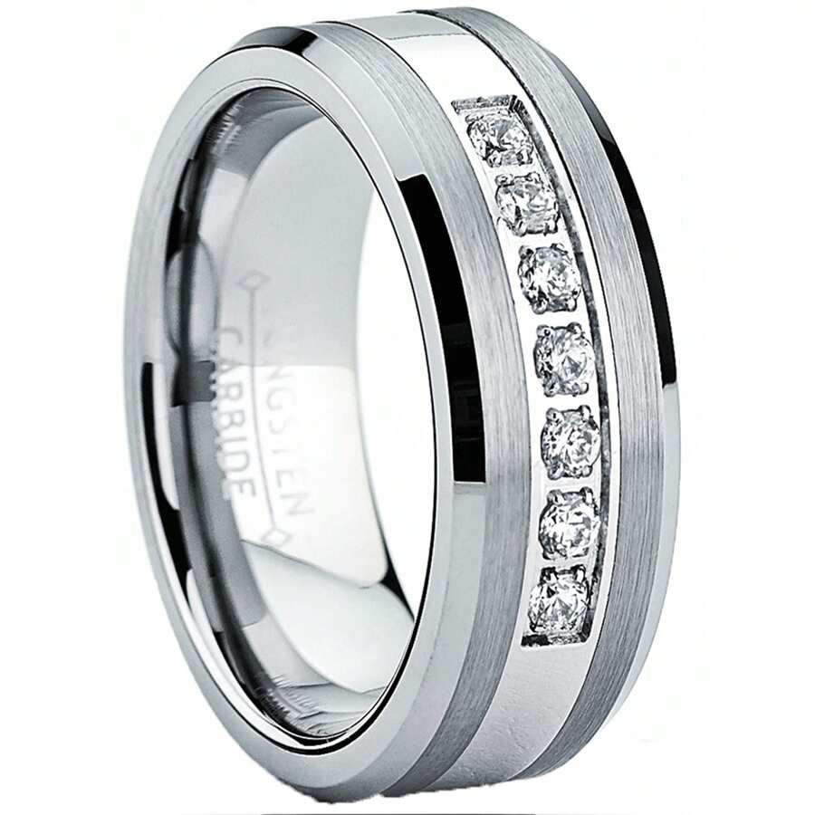 Tungsten Carbide Men's Engagement Wedding Band Ring With Center,Cubic Zirconia 8mm, Sizes 7 To 13