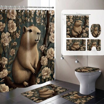 1 pieza /4 piezas Juego de cortina de ducha con estampado de capibaras lindos - Felpudo de baño con patrón de dibujos animados sencillo, Cortina de ducha encantadora, Alfombra con forma de U, Tapa de inodoro, Accesorio de baño impermeable antideslizante, Decoración, Incluye 12 ganchos de plástico Vuelta al colegio