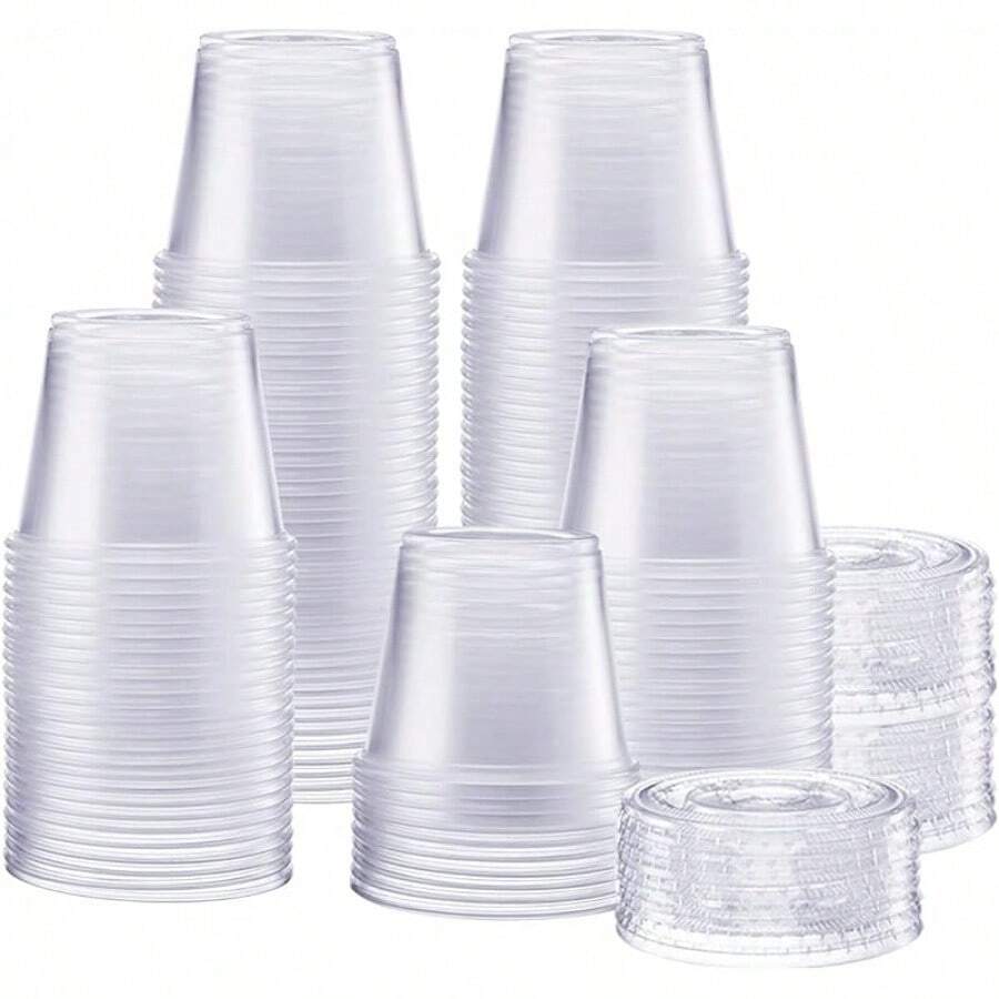 GUSTO [Paquete de 200, 5.5 onzas] Vasos desechables de plástico transparente con tapas - Tazas para sorbete, tazas para gelatina con tapas, recipientes de plástico transparente perfectos para aliños de ensalada y talla grande - 5,5 onzas. - Ver 1