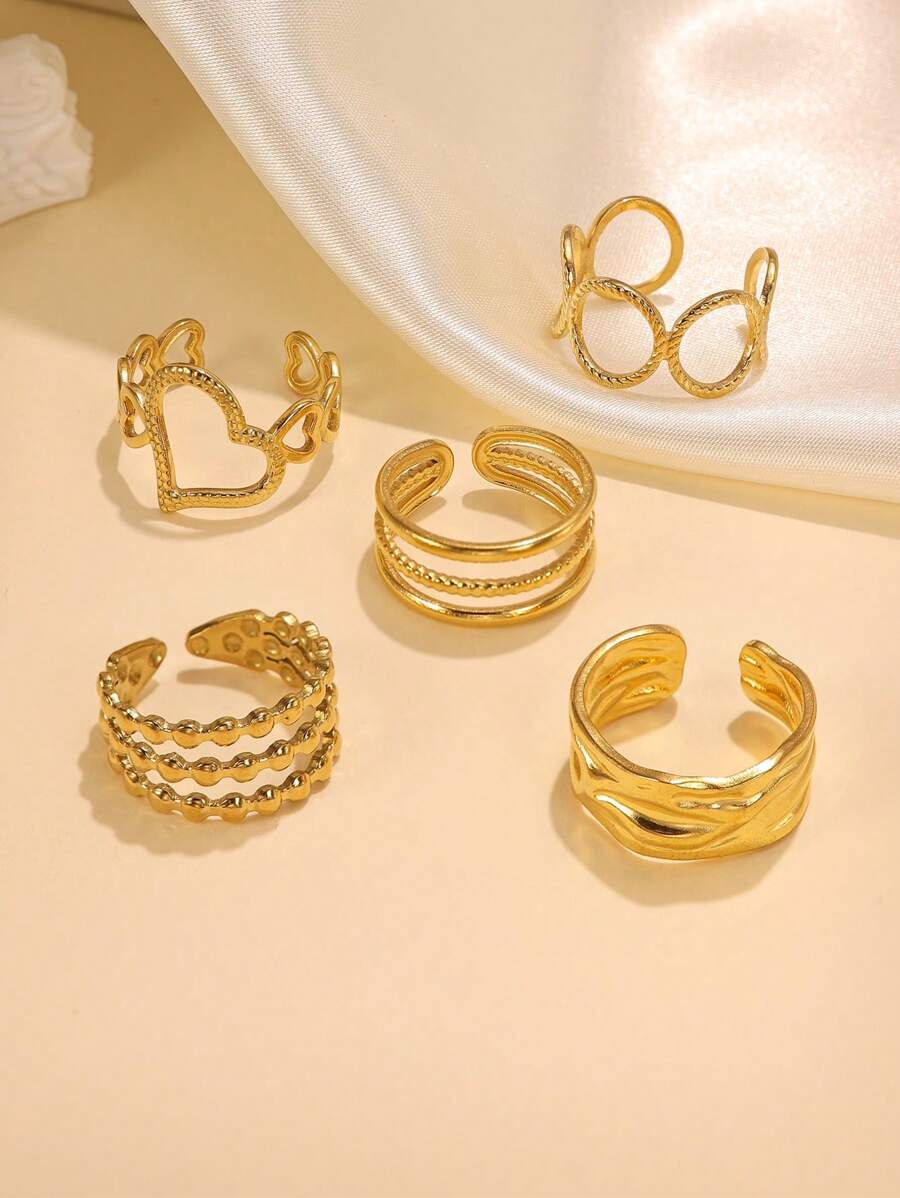 5pcs Stainless Steel Gold Heart & Round Shaped Adjustable Open Rings For Women, Suitable For Daily Decoration Or Gift - Yellow Gold - View 1