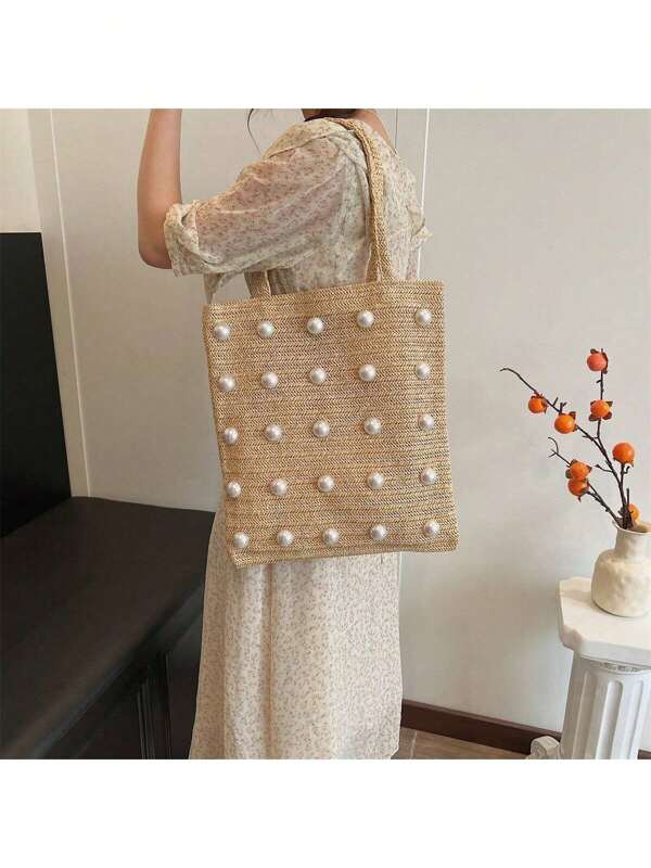 Novo Bolsa Tote Vazada na Moda, Bolsa Trançada, Bolsa de Praia, Bolsa de Viagem e Passeio, Bolsa de Pérolas
