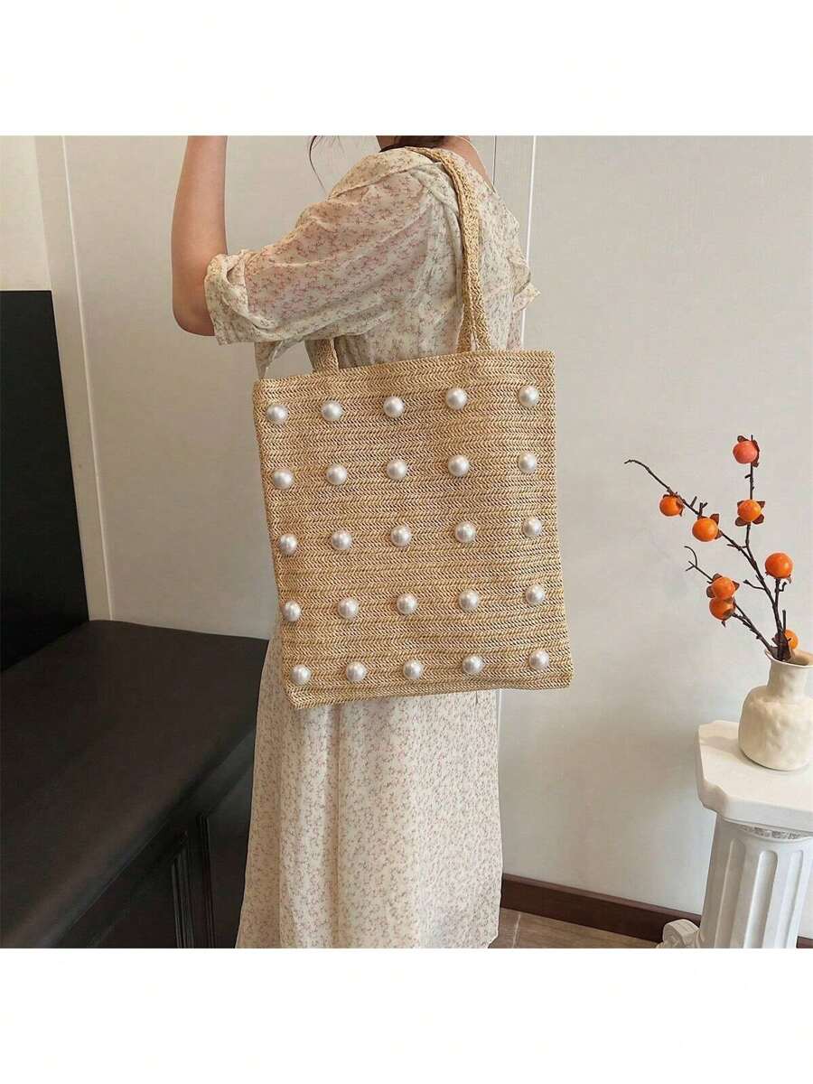 新款时尚镂空手提包，编织包，沙滩包，旅行度假观光包，珍珠包 - 卡其色 - 查看 1