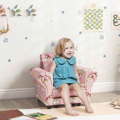 AIYAPLAY Kids Armchair With Stool, 2 Piece Kids Sofa Set With Dinosaur Design, Wooden Frame, Upholstered Kids Chair For Bedroom, Playroom, Kid Room, For 1.5-3 Years Old