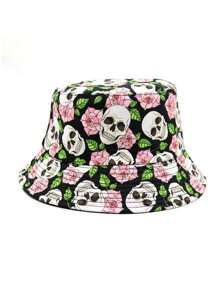 1 Stück modischer umkehrbarer Fischerhut für Damen mit rosafarbenem Blumen- und Skelettdesign, geeignet für lässige Frühlings- und Sommeroutfits