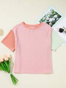 Acelitt Women's Colorblock Textured Striped Round Neck Casual Short Sleeve T-Shirt, Summer - Multicolor - View 2