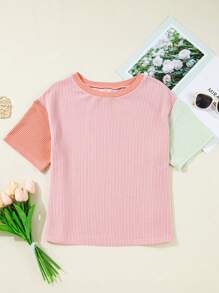 Acelitt Camiseta de verano casual de mujer con cuello redondo, manga corta, en estampado de bloque de color, textura a rayas y diseño de patchwork multicolor
