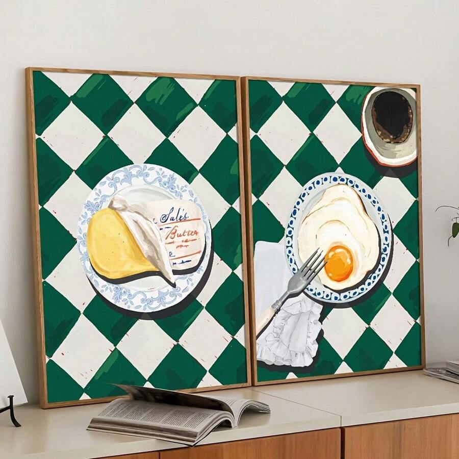 2pcs/Set, Canvas Hanging Painting, Framed Decorative Painting, Poster, Wall Art, Chic Butter And Egg Breakfast Canvas Art, Waterproof Kitchen Decorative Poster For Dining Room, Living Room, Bedroom - Perfect Gift For Home Decor Gifts Birthday Graduation