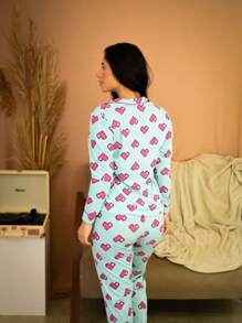 Women's American Pajamas Winter Long Buttons Breastfeeding Cold Knit Trousers And Long Sleeve Top - 綠色 - 查看 4