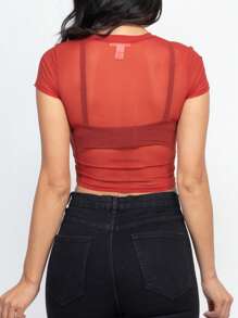 Women's Sexy Mesh Sheer Short Sleeve Crop Top, Cover Up Summer T-Shirt - 鏽 - 查看 4