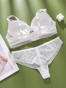 Conjunto elegante y romántico de sujetador acolchado con cordones y tanga, lencería cómoda con bloques de color para damas