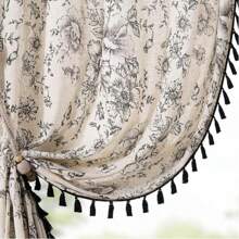 1pc Watercolor Style Floral Pattern Curtain With Black Tassel Fringe Sheer - Multicolor - View 5