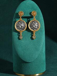 Vintage Tarnished Copper-18K Gold Plated Antique Coin Cameo Portrait Earrings With Faux Agate & Glass Crystal Beads