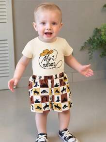 Baby Boys Western Shorts Sets Short Sleeve O Neck Letter Print Tops And Boots Print Shorts Sets