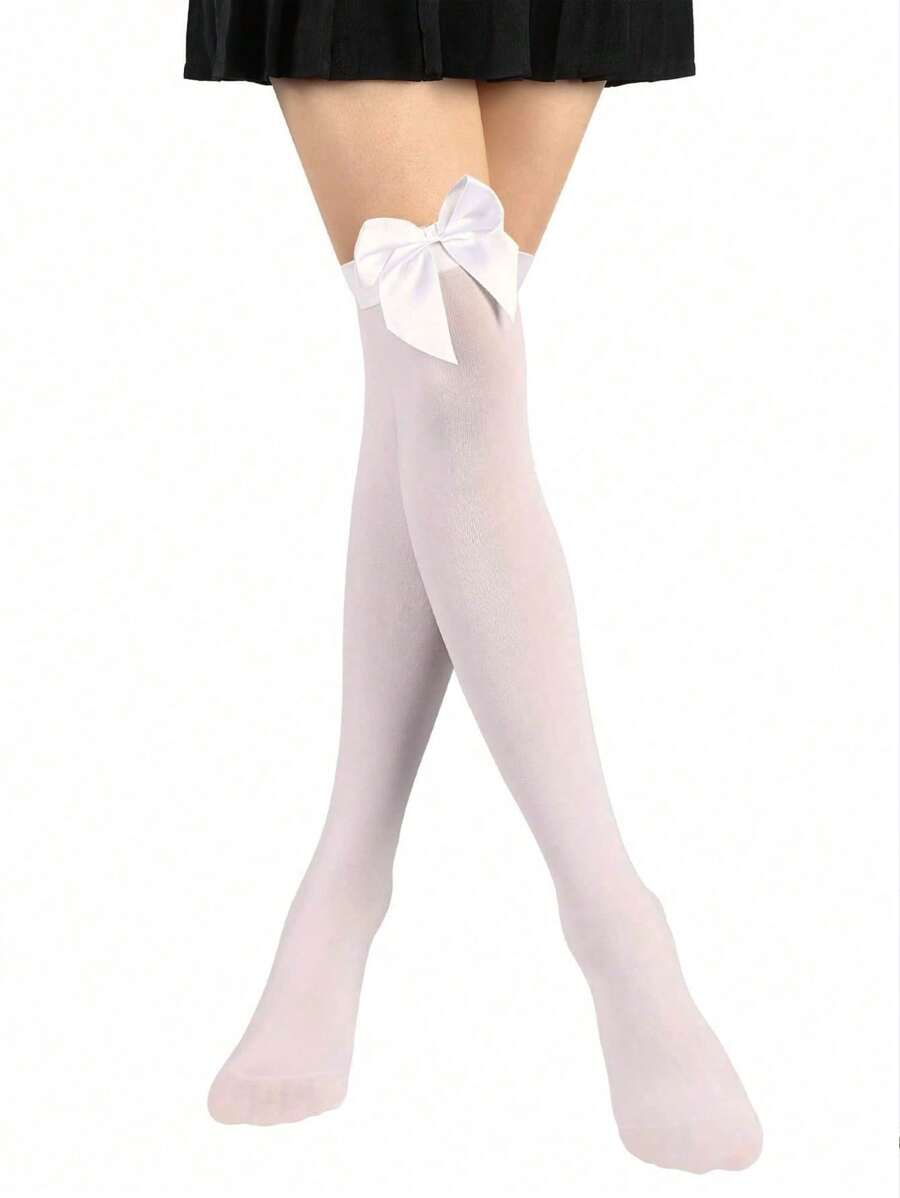 1pc Bow Decor Simple Smooth & Soft Over-The-Knee Socks