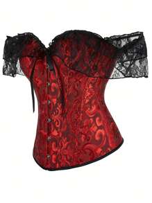 Vrouwen Off Shoulder Jacquard Taille-Cinching Kant Band Corset Top, Nieuwjaarsfeest, Valentijnsdag, Vakantie Tops