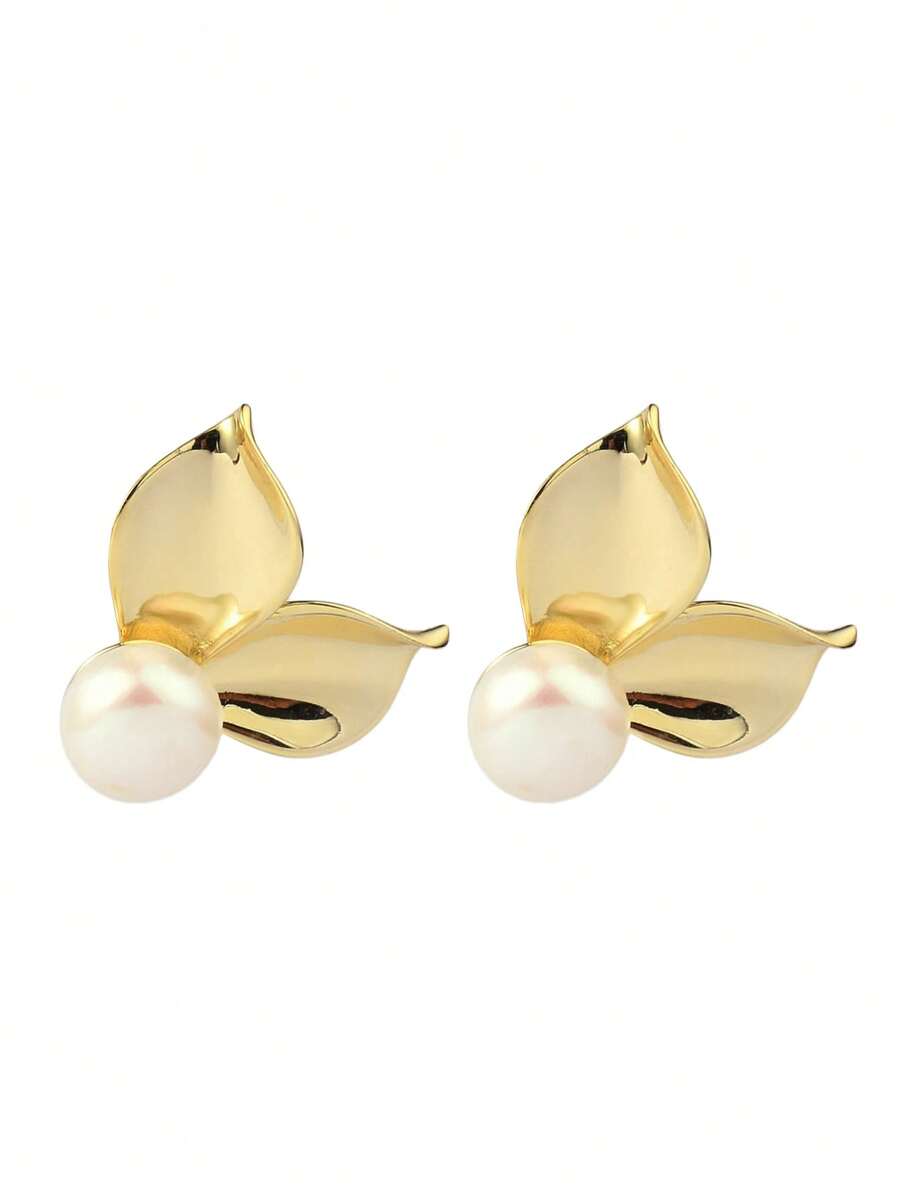 925 纯银首饰仿珍珠耳钉，简约珍珠配饰批发 - 金色 - 查看 1