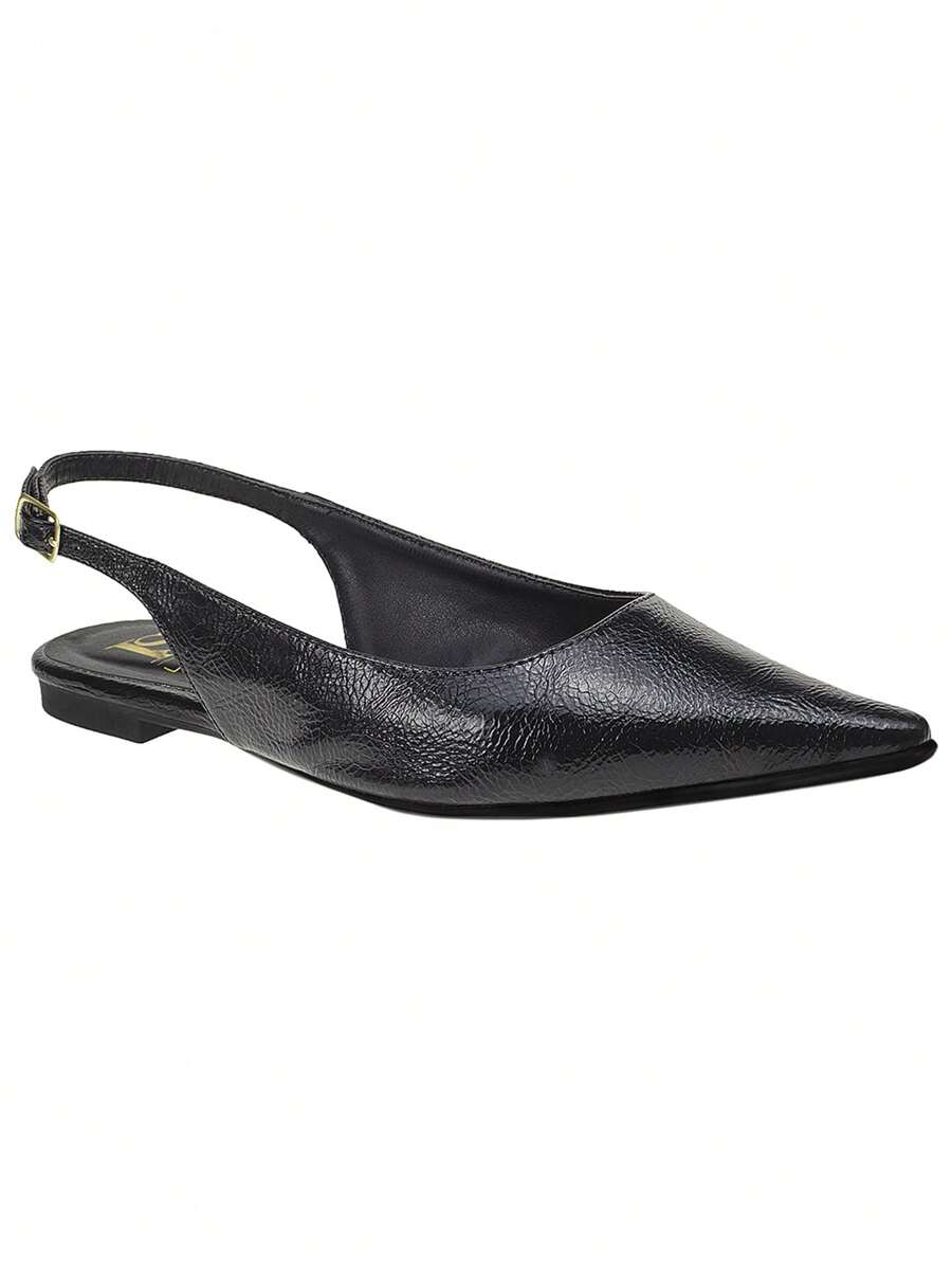 Loris Shoes Oficial Sapatilha Bico Afinado Forma Pequena SlingBack com Fivela Verniz Texturizado Confortável Fashion 4130