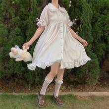 1pc Lolita Style Peter Pan Collar Bowknot Puff Sleeve Ruffle Hem Dress, Suitable For Daily Wear In Summer Halloween