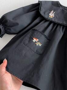 Young Girls Cartoon Rabbit Embroidery Dress With Large Collar, Pockets & Mushroom Embroidered, Black, Suitable For Spring, Summer, Autumn