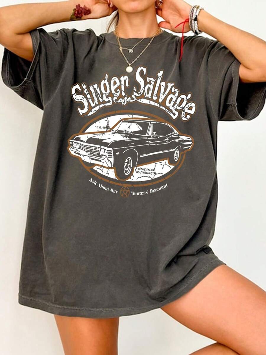 Women's Casual Short-Sleeved Round Neck Plus Size T-Shirt - 深灰色 - 查看 1